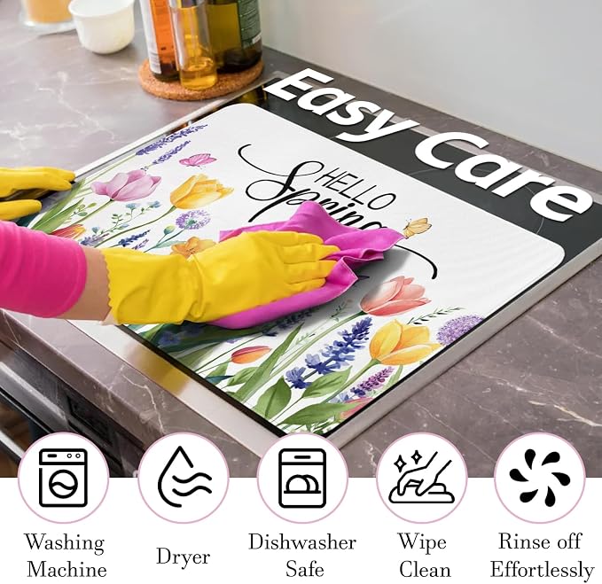 Spring Summer Glass Stove Top Covers for Electric Stove,Tulip Lavender Flower Floral Farmhouse Heat Resistant Cooktop Protector Non-Slip Washable Dish Drying Mat Rug Pad for Kitchen Decor 28"x20"