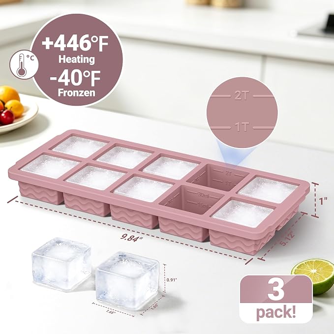 3-Pack Ice Cube Trays with Lid, 10 Cubes 2 Tbsp, Silicone Tray for Freezer | BPA Free, Leak-proof Lid, Freeze Ice Cubes, Chocolates, Sauces, Juices, Fruit Purees, Meal Prep, Cocktail, Coffee, Soup, Food