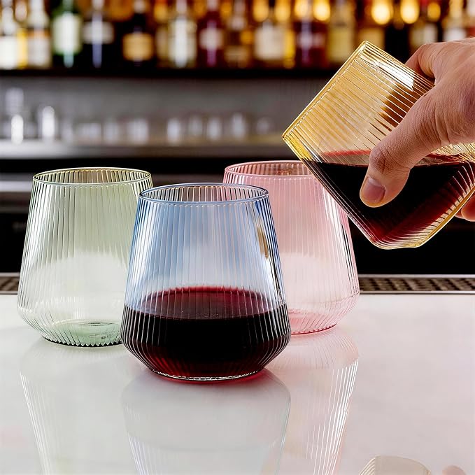 BESTSTAR 36 Pcs 12 oz Plastic Ribbed Wine Glasses,Origami Ripple Glasses | Disposable Champagne Glasses Elegant Whiskey Glasses Ideal for Weddings, Bars, Christmas, Pool Party, Daily Use(Multi-Color)