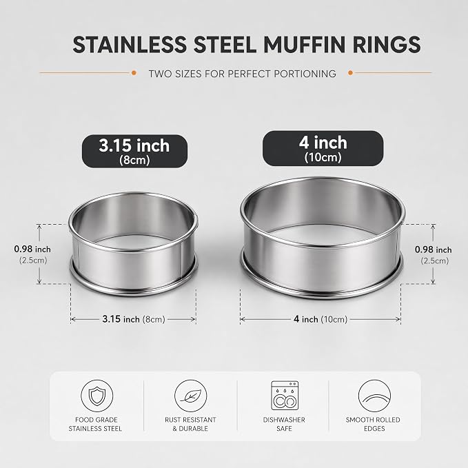 24packs English Muffin Ring 3.15 Inch+ 4 Inch Crumpet Rings Stainless Steel Double Rolled Nonstick Metal Round Tart Ring Molds for Cookie Baking Cooking