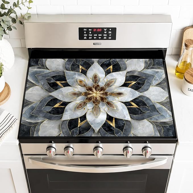 Floral Mandala Stove Top Cover 28.35x20.47 in Non Slip Mat | Heat Resistant Cooktop Protector Mat with Non-Slip Backing, Scratch Protection and Countertop Drying Mat.