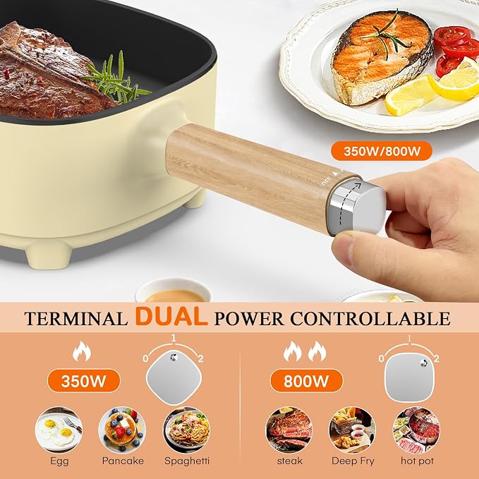 Audecook 2L Electric Hot Pot, Non-Stick Ramen Cooker with Cooking Rack | Dual Power Control Electric Pot For Cooking Steak, Egg, Ramen, Oatmeal & Soup | Portable Pot for Dorm, RV, Travel & Camping