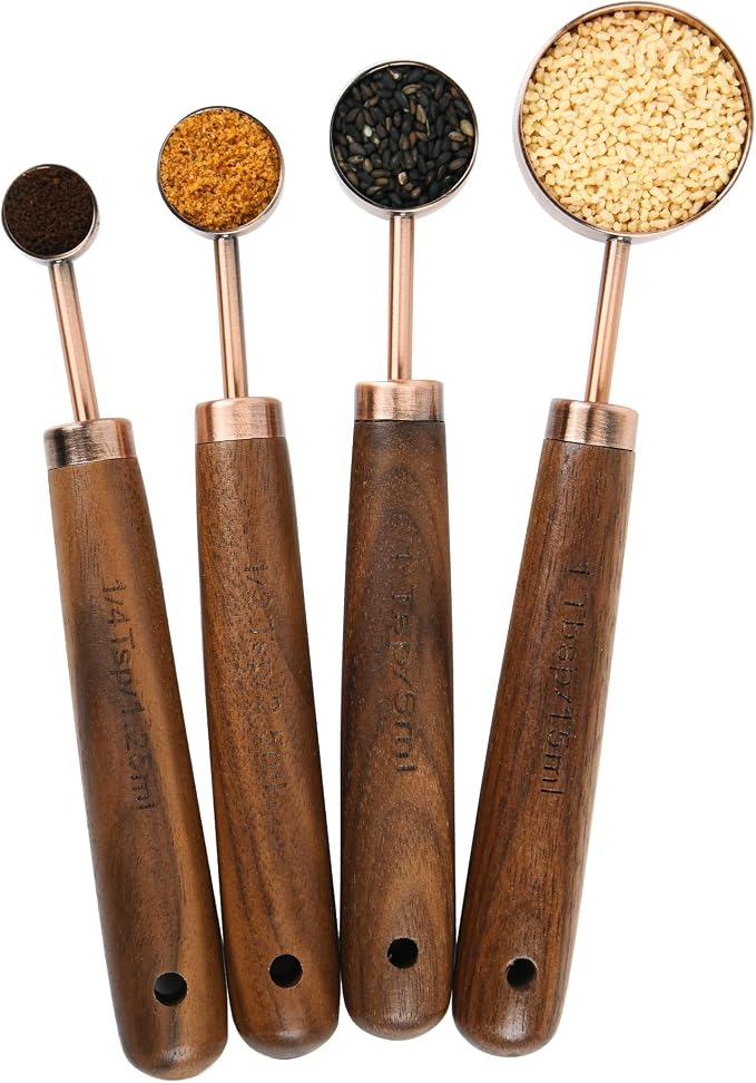 Copper Measuring Cups & Spoons Set 8, Stainless Steel Measuring Cups and Spoons Set for Baking and Kitchen, Metric & US Metal Measure Cup & Spoon with Wood Handle for Dry & Liquid