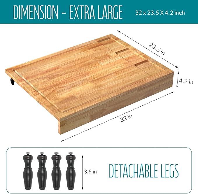 Extra Large Solid Wooden Cutting Board and Stovetop Cover, 3 in 1 Stove Top Cover Chopping Board with Detachable Legs and Juice Groove, Sink Cover Board