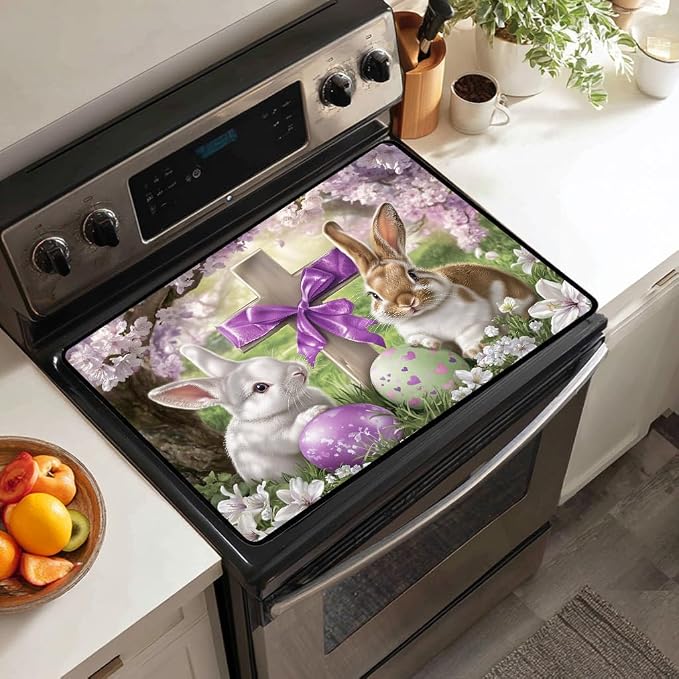 Easter Theme Glass Stove Top Cover Protector,Heat Resistant Range Ceramic Stove Top Covers Mat,Easter Eggs & Bunny Cooktop Protector,Cherry Blossoms Glass Cooktop Protector