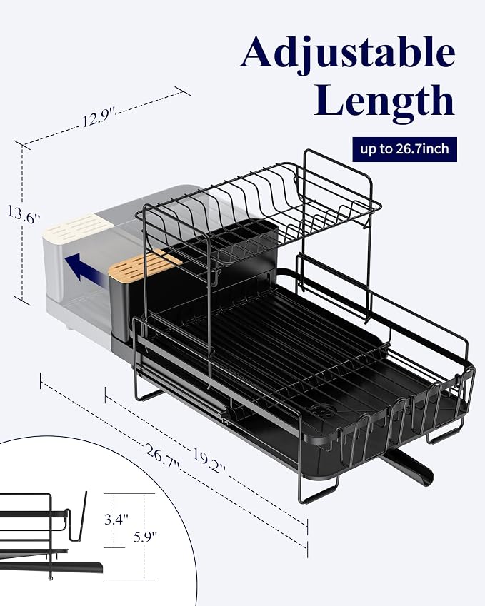 Kitsure Extendable Dish Drying Rack, 19.2"-26.7" L x 12.9" W, 2-Tier | Large Dish Rack, Multifunctional Dish Rack for Kitchen Counter, Anti-Rust Dish Drainers with Cutlery & Cup Holders, Black