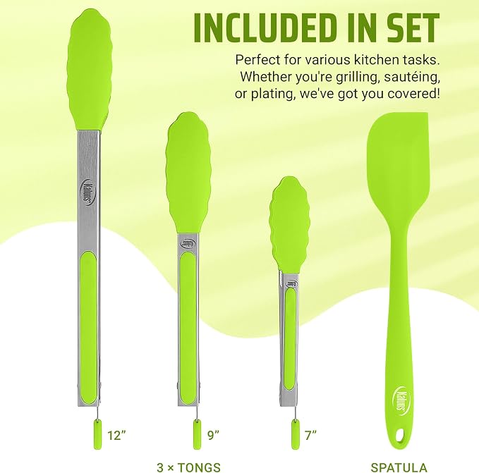 Kaluns Kitchen Tongs for Cooking Grilling Set of 4, BBQ Grill Tongs With Silicone Tip Stainless Steel Heat Resistant, Non-stick Pull Lock, Incl 7, 9, 12 Inch Tong Plus a Silicone Spatula
