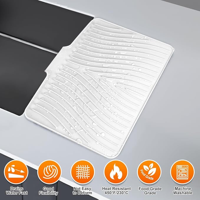 Silicone Dish Drying Mat for Kitchen counter | 19.7"x17" Dish Drainer Mat, Heat-Resistant Kitchen Counter Mat & Over-Sink Drying Tray, Can Be Hung, lvory-1Set-L
