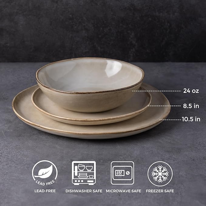 AmorArc Ceramic Dinnerware Sets for 4, 12Pcs Plates and Bowls Sets Dishes | Stoneware Handmade Reactive Glaze Dinner Set, Highly Scratch Resistant | Dishwasher & Microwave Safe Dishware-Cappuccino