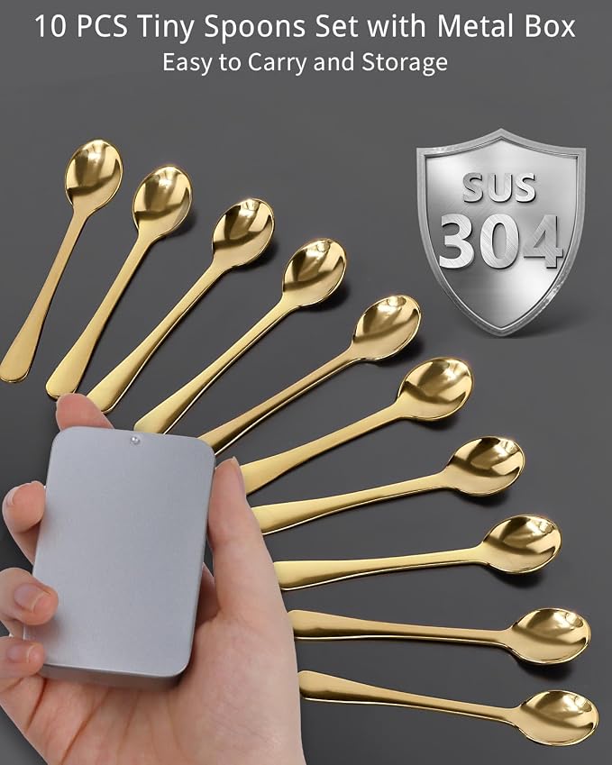 10PCS Tiny Spoons - Mini Stainless Steel Spoons 2.9 inch for Salt Jars Spice Jars, SUS 304 Food Grade Seasoning Spoon for Powder Spices, Pepper, Sugar, Coffee (10, 2.9Inch(7.3cm)-Gold)