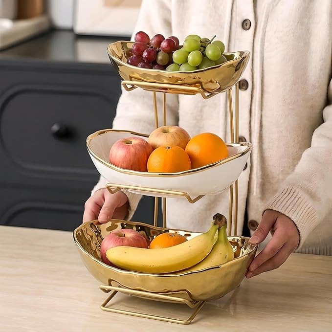 3-Tier Gold Fruit Bowl & Tray with Metal Stand - Ceramic White, Triple Layer for Snacks, Nuts, Bread & Candy Storage
