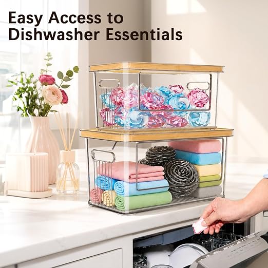 2 Pack Trash Bag Holder with Bamboo Lid, Stackable Acrylic Trash Bag Dispenser Roll Holder Under Sink, Plastic Container Garbage Bags Storage Organizer for Kitchen, Pantry, Laundry Room Organization