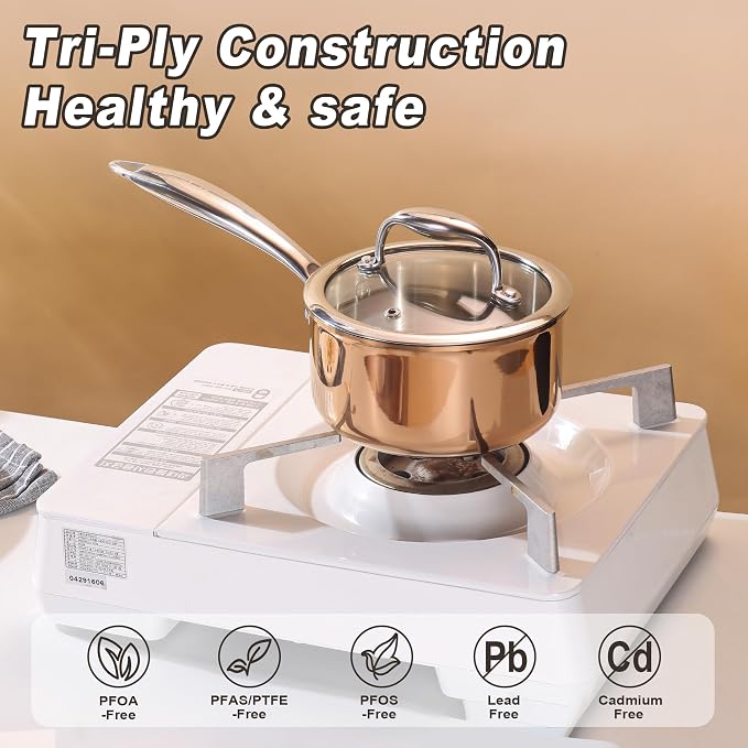 1-Quart Saucepan with Lid, Tri-Ply Stainless Steel Pot with Stay-Cool Handle & All Cooktop Compatibility (Gas, Ceramic, Electric) - Copper