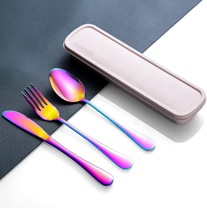 SAOSHYPEI Travel Utensils with Case, 4-Piece Stainless Steel Set, Rainbow | Colorful reusable fork, spoon and knife set for work lunch, school, picnic and travel; portable case, dishwasher safe.