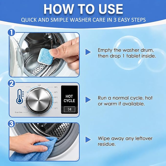Washing Machine Cleaner Tablets, 24 Pack Enzyme Washer Cleaner | 5X-Power Enzyme Wahser Cleaner Fight Odor Refreshing Laundry, Deep Clean Residue, Grime Compatible with HE, Top & Front Load