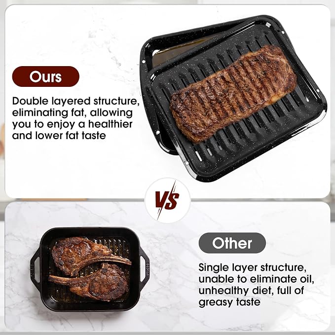 Broiler Pan for Oven – 16.75"×13" Non-Stick Porcelain Coated 2-Piece Set, Broiling Pan for Oven Safe Up to 500°F, Drains Fat, Dishwasher Safe Broiler Pans for Steak, Bacon & Vegetable