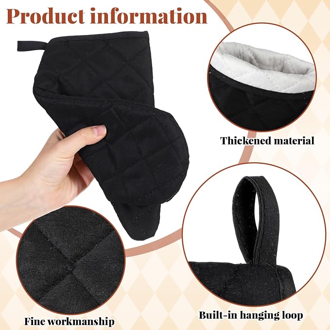 Geyoga 12 Pairs Oven Mitts Heat Resistant Kitchen Long Oven Gloves Mitts Thick Cotton Winter Quilted Baking Flexible Glove Bulk for Cooking BBQ Picnic Kitchen Grilling 10.6 Inch(Black)