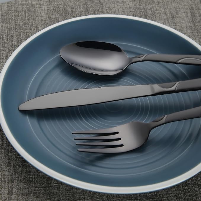 40-Piece Black Silverware Set for 8 | Grade 430 Stainless Steel Gray Cutlery Set, Include Knives, Forks, and Spoons for 8 People, Dishwasher Safe