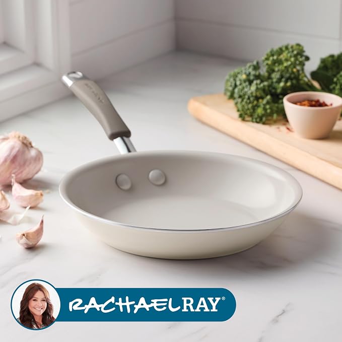 Rachael Ray Cucina Ceramic Nonstick Frying Pan/Skillet, 8.5 Inch Non Stick Open Fry Pan, Dishwasher Safe - Almond