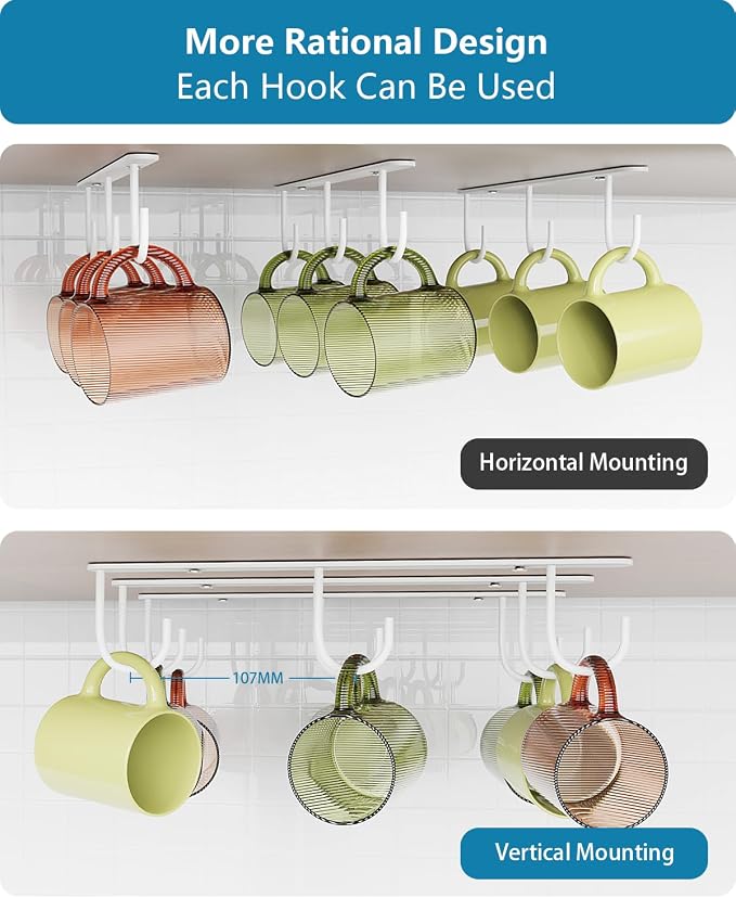 3 Pack Mug Hooks Under Cabinet with 9 Hooks for Displaying Mugs, White | Coffee Mug Holder for Hanging Under Shelf, Cup Hanger, Coffee Cups and Kitchen Utensils