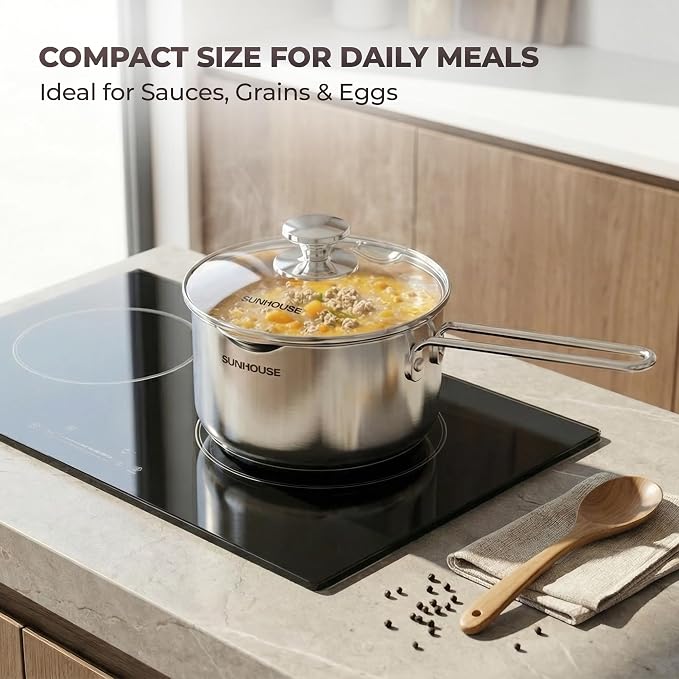 SUNHOUSE 1.5 QT Sauce Pan with Lid & Pour Spouts, Tri-Ply Base | Small 18/10 Stainless Steel Pot & Milk Pan with Cover - Induction Compatible - PFOA Free, Dishwasher Safe