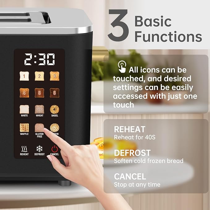 SEEDEEM Touchscreen Toaster 2 Slice, Stainless Steel, 6 Shade, 900W, Black