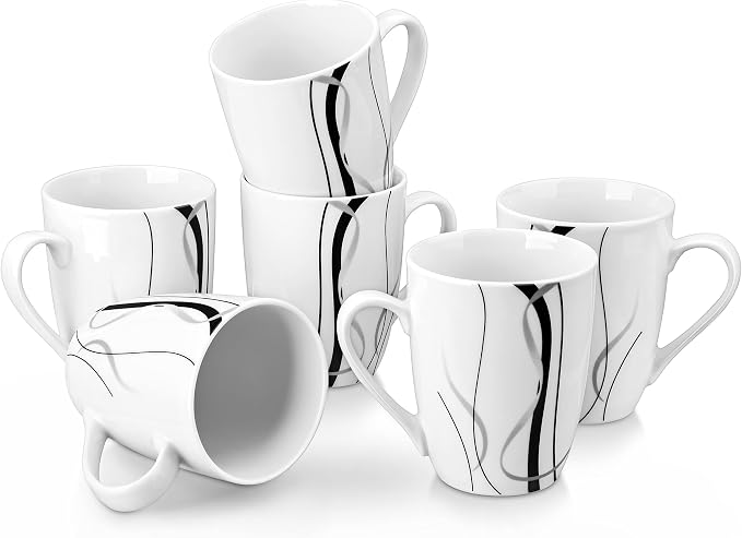 VEWEET Coffee Mugs Set of 6, 11 OZ White Ceramic Mugs, Fiona | White Ceramic Coffee Mugs Set of 6, 11 OZ for Tea, Microwave and Dishwasher Safe, FIONA Series for Kitchen, Office
