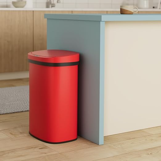 BestOffice | 13 Gallon Stainless Steel Trash Can with Lid | Red | Automatic Touchless Garbage Can | Odor Control | Modern Oval Design | Easy to Clean | For Kitchen, Bathroom, Office or Home