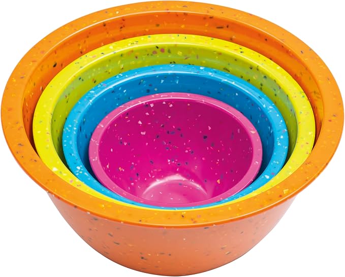 Confetti Melamine 4 Piece Nesting Mixing Bowls Set, Colorful Vibrant | Colorful Kitchen Bowls (18oz, 1.25QT, 2.5QT, 4QT) - BPA-Free, Dishwasher Safe, Space-Saving