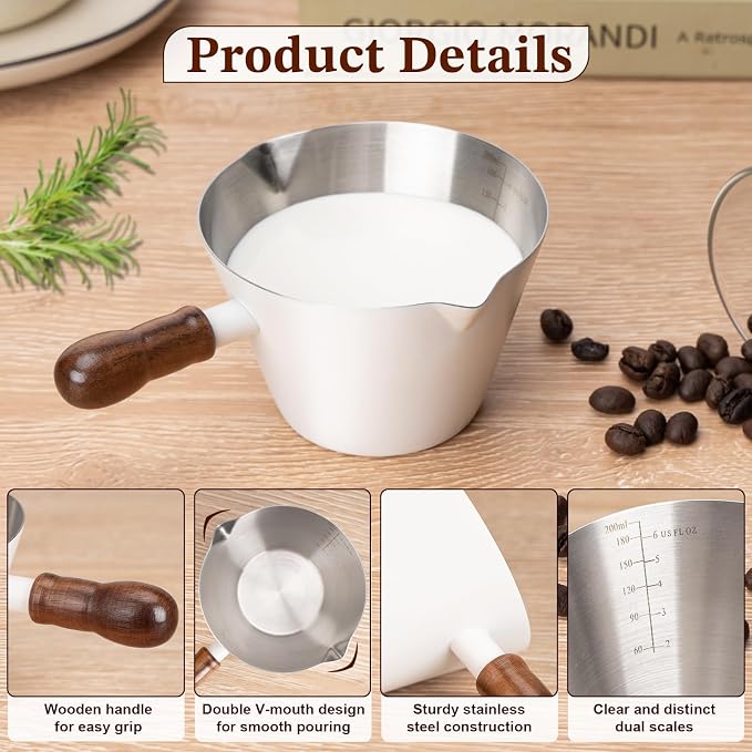 Amrules 6.8oz Espresso Measuring Cup with Wood Handle & Double Spout, White | 18/8 Stainless Steel & Wood Handle, V-Shaped Spout for Precision Pouring, Clear Scale Markings, for Coffee, Milk, Tea & Syrup