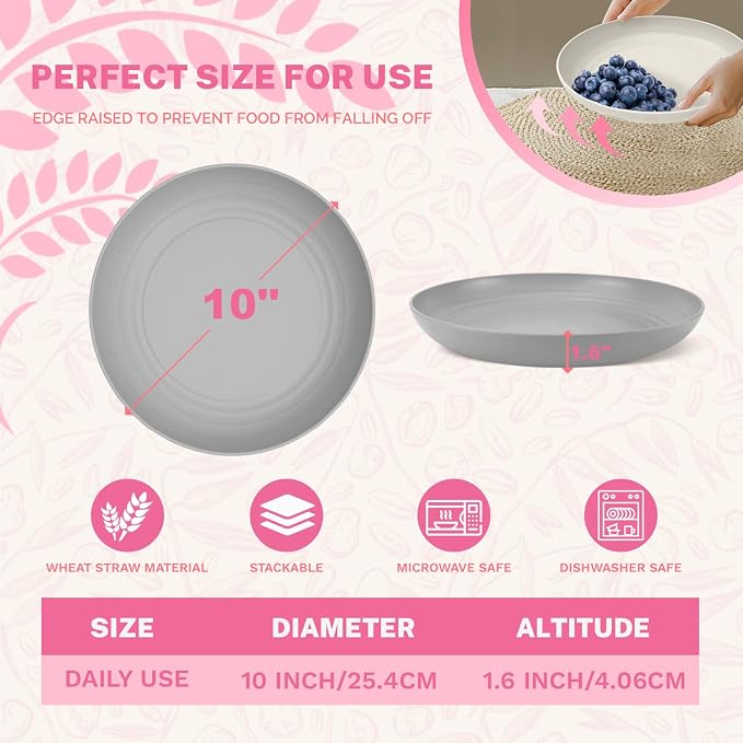 Premium Wheat Straw Dinner Plates, Reusable 8 PCS Unbreakable Plates 10 inch Plate Set, Alternative Plastic Plate Microwave and Dishwasher Safe Plates Set for Home - GreyStone