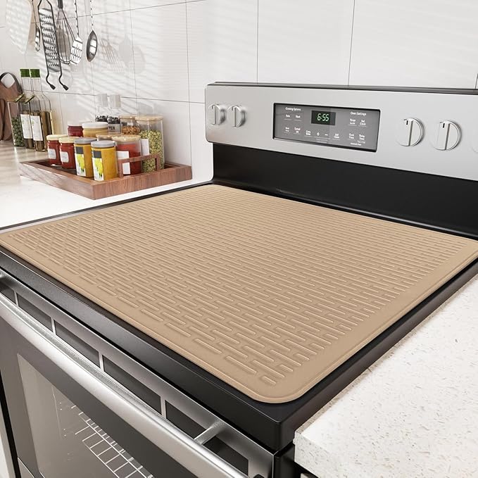 Stove Top Cover for Electric Stove - Food Grade Ceramic Stove top Cover, Silicone XXL Dish Drying Mat, Glass Cooktop Covers, Flat RV Range top Mats (Taupe Thickened,28x20)