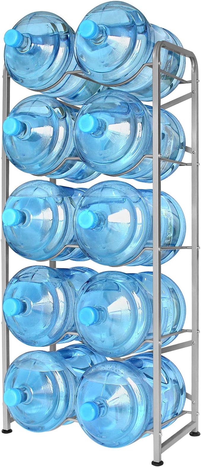 5 Gallon Water Bottle Holder for 10 Bottles, 5 Tiers Heavy-Duty Water Cooler Jug Rack with Reinforcement Frame for Kitchen Office, Silver Grey