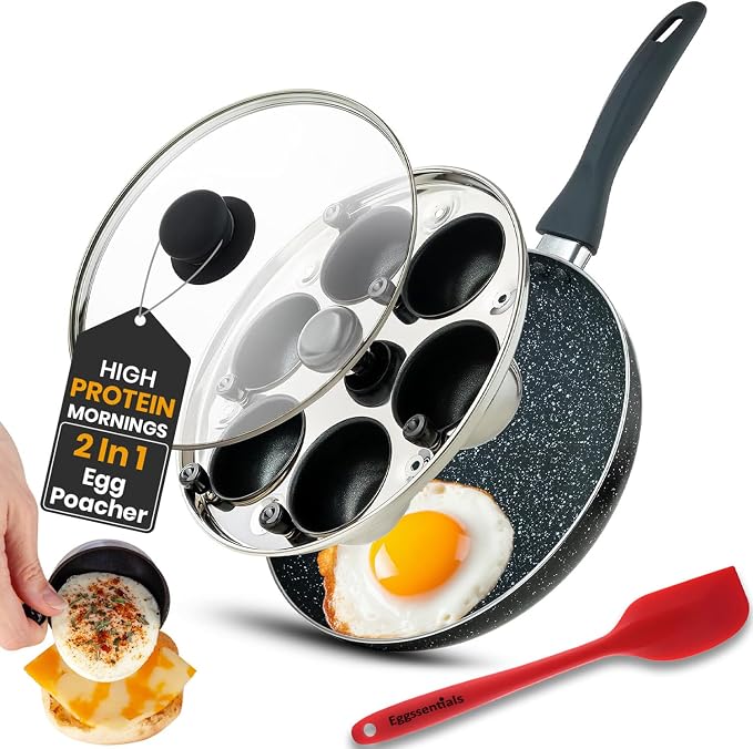 2 IN 1 Egg Poacher Pan & Large Frying Pan - Poached Egg Maker, Granite Egg Poacher with 6 Cups - Egg Pan - 10 Inch Frying Pan Nonstick Omelette Pan