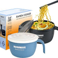 Layron 2 Sets Microwave Ramen Cooker Bowl 45 oz Instant Noodle Bowl with Handles Ramen Noodle Cooker with Spoon Chopsticks Fork Knife College Dorm Room Essentials (Black, Blue)