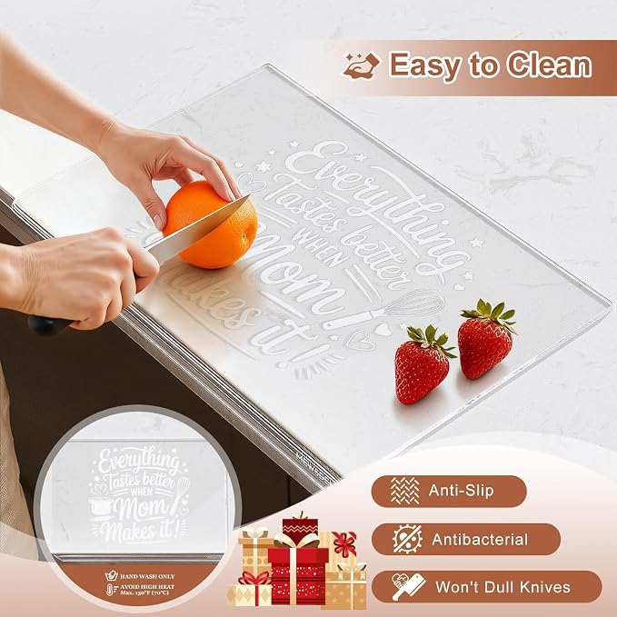 Mom Gifts Set from Daughter Son - Engraved Acrylic Cutting Board with 5-pack Floral Swedish Dishcloth Cooking Gift for Mom Mother Birthday Present Aesthetic Kitchen Decor