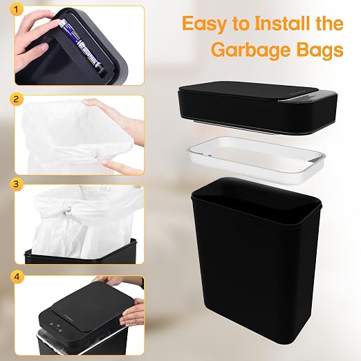 Black Bathroom Trash Can 2.6 Gallon Motion Sensor Trash Cans Automatic Touchless Garbage Bin Small Smart Trash Can for Bathroom,Kitchen, Toilet, Bedroom, RV