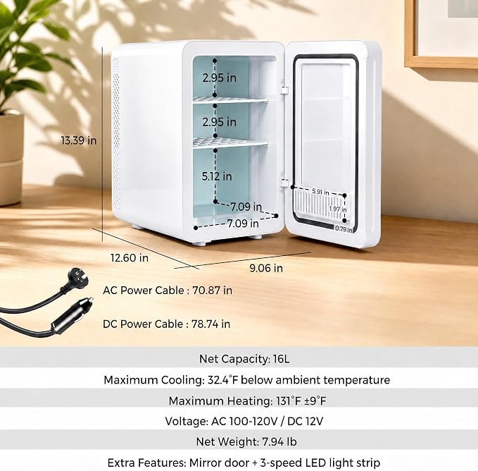 Kikihouse 16L/20L Skincare Fridge with LED Mirror, Small Fridge for Makeup | Portable Skin Care Fridge for Beauty, Cosmetics, Personal Mini Refrigerator for Food, Office, Dorm, Car, Cooler & Warmer