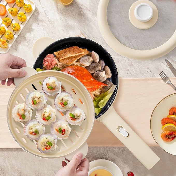 Dezin 2L Hot Pot Electric, Non-Stick Electric Pan, 700W Adjustable Power | Electric Pot for Cooking/Steak/Egg/Fried Rice/Ramen/Soup, Portable Pot for Dorm/RV/Family/Travel/Camping, Include Spatula