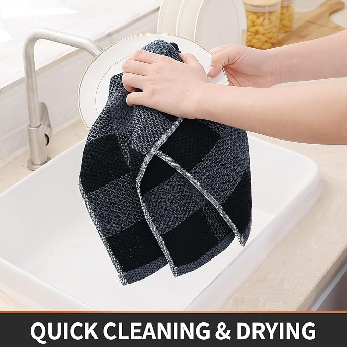 Homaxy Kitchen Towels and Dishcloths Set, Set of 10, Black & Grey | Bulk Cotton Waffle Weave Check Plaid Kitchen Towels, Super Soft and Absorbent Dish Cloths, 12 x 12 and 13 x 28 Inches