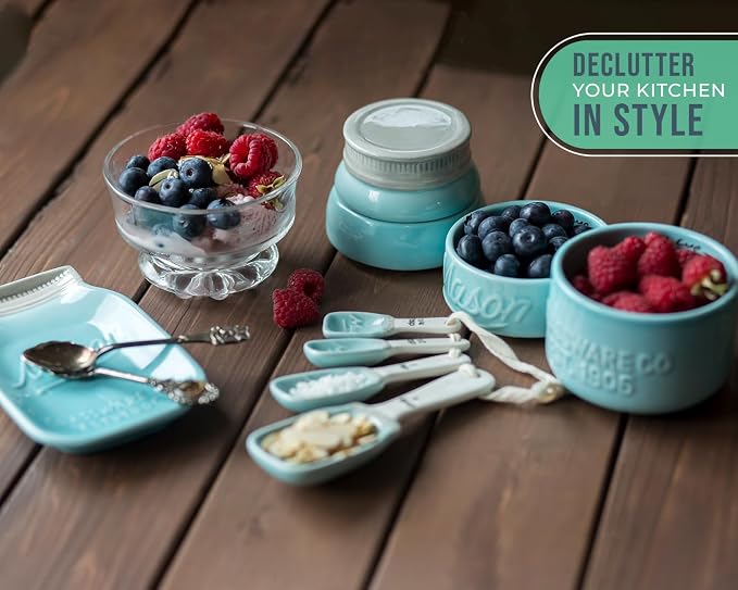 Comfify Aqua Blue Mason Jar Measuring Set – 4 Cups, 4 Spoons, Spoon Rest | Aqua Blue; ceramic; 9-piece set; 4 measuring cups + 4 measuring spoons + spoon rest; mason jar design; hand wash only