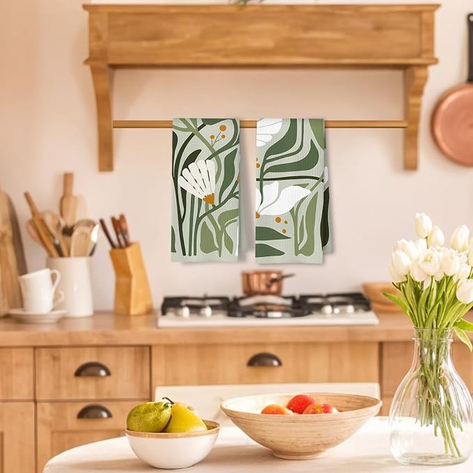 Abstract Boho Sage Green Floral Kitchen Towels Set of 2, 70s Retro Groovy Boho Botanical Dish Tea Towels for Kitchen Decor, Mid Century Modern Hand Towels for Bathroom Decor, 16x24 Inch