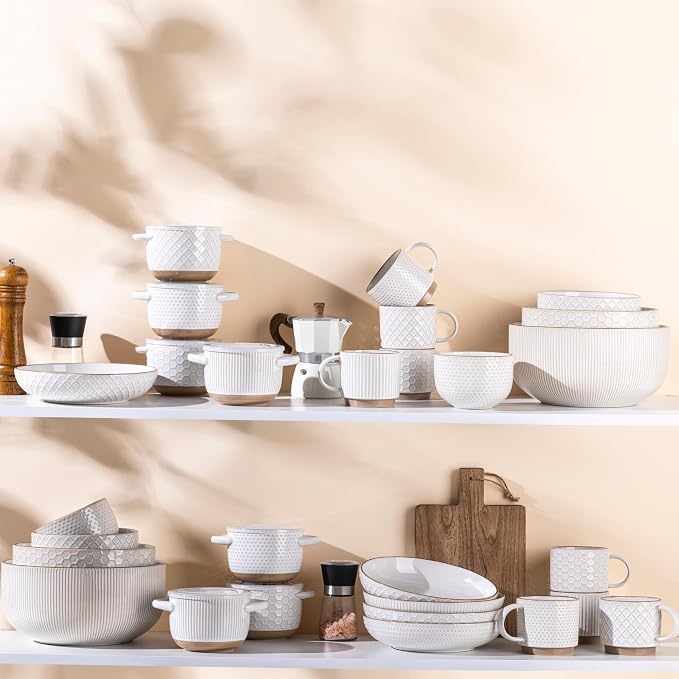 GBhome Ceramic Mixing Bowls Set of 4, Stoneware Nesting Serving Bowls | 150/105/45/20 oz For Prep, Baking, Serving, Gift, Microwave and Dishwasher Safe, Embossed Dishware Collection-Off White