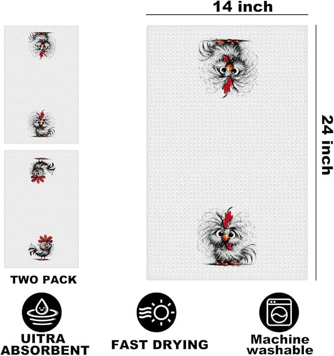 2 Pcs Funny Chicken Kitchen Towels, Chickens Gifts Absorbent Hand Towel | Chicken Lover Gifts for Women Mom, Waffle Dish Towels for Kitchen Home Decor, 24x14 Inch