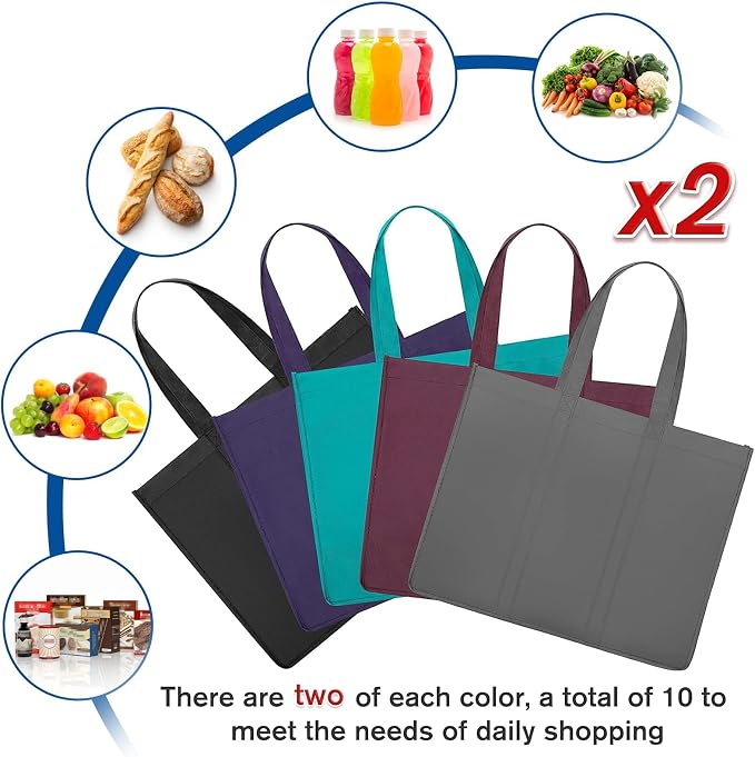 Reusable Grocery Shopping Bags 10 Pack Large Foldable Tote Bags Bulk | Eco Produce Bags with Long Handle for Shopping Groceries Clothes (New 5 Colors)