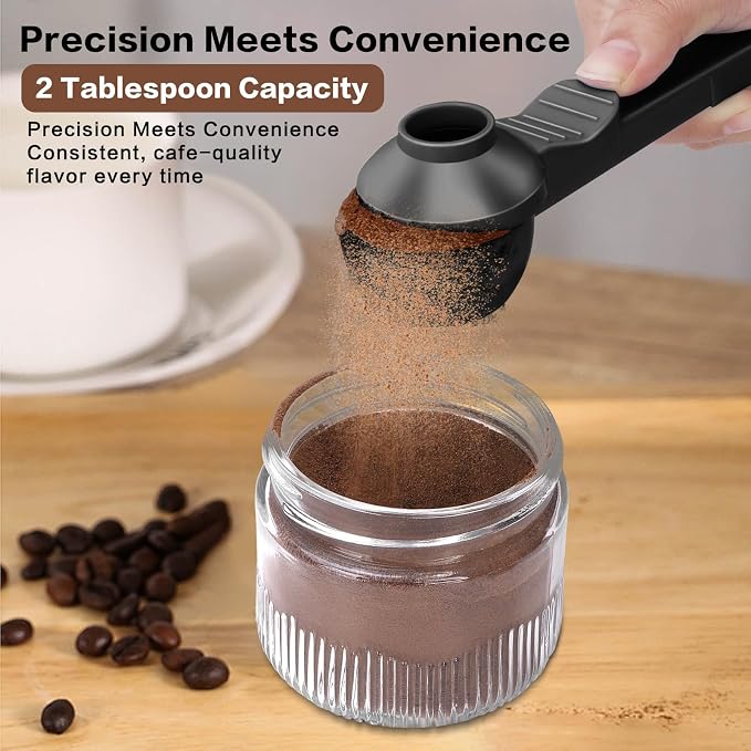 2-in-1 Coffee Scoop with Funnel, 2 Tbsp Measuring Spoon for Reusable K Cups, Ground Coffee, Protein Powder & Tea, Mess-Free Plastic Design（Black-2pack）