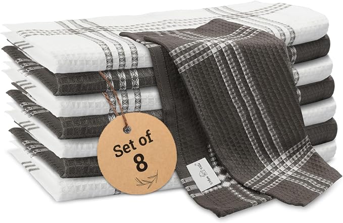 Urban Villa Kitchen Towels Cotton Dish Towels 12”x12” (Set of 8) Grey White