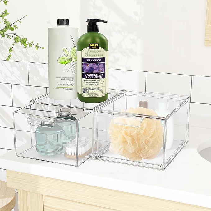 4 Pack Stackable Acrylic Makeup Organizer, Clear Storage Drawers | Clear Plastic Drawer Organizers with Handles for Vanity, Bathroom, Bedroom, Cosmetics, Jewelry and Home Storage