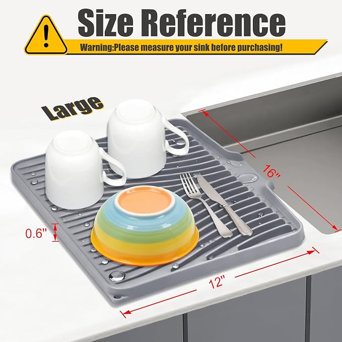 TIKNIK Silicone Dish Drying Mat for Kitchen Counter, Grey-1pcs, 16" x 12" | Heat Resistant & Non-Slip Dish Drain Pad with Built-In Drain, Dishwasher Safe, Quick-Dry, Hangable & Roll-Up for Storage