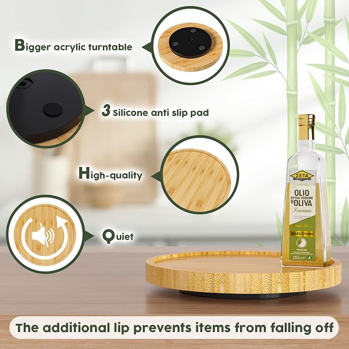 Lazy Susan Organizer, 9 Inch Non-Skid Bamboo Lazy Susan | Table Storage Napkin Holder Vase, Wood Turntable for Kitchen Countertop Organizer